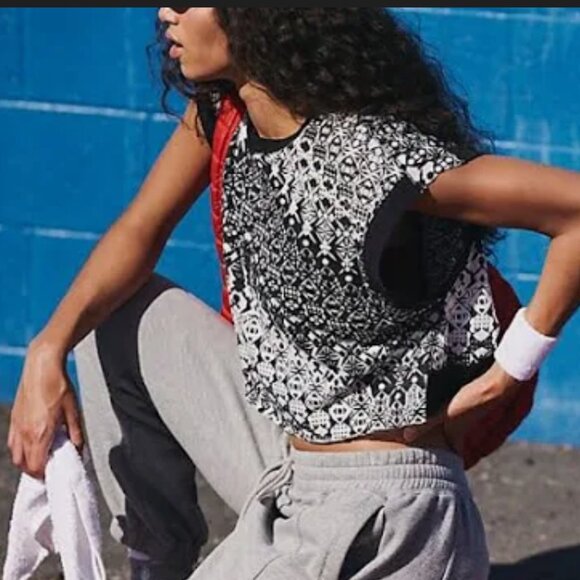 NWT Free People My Time Printed Tee in Black Geo Combo - Picture 2 of 5